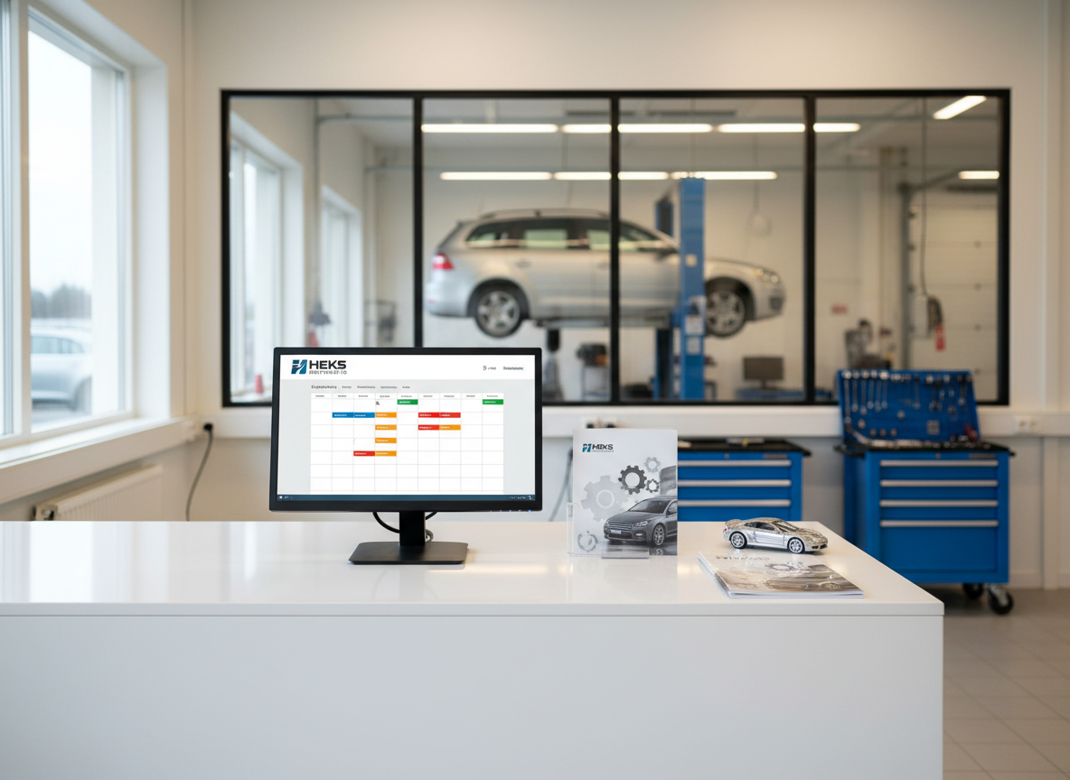 A pristine white service reception counter in an auto repair shop, with a sleek black computer monitor displaying an online booking calendar for car maintenance appointments, subtly branded with “Heks Autohuolto.” Next to it, neatly stacked vehicle maintenance booklets and a small metal model car add automotive context. Through a large interior window behind the counter, a tidy workshop with a raised car and blue tool cabinets is visible, softly out of focus. Natural daylight from tall windows mixes with warm overhead lighting, creating an inviting yet professional mood. Photographic realism, eye-level, balanced composition that emphasizes ease of booking and modern, trustworthy service.