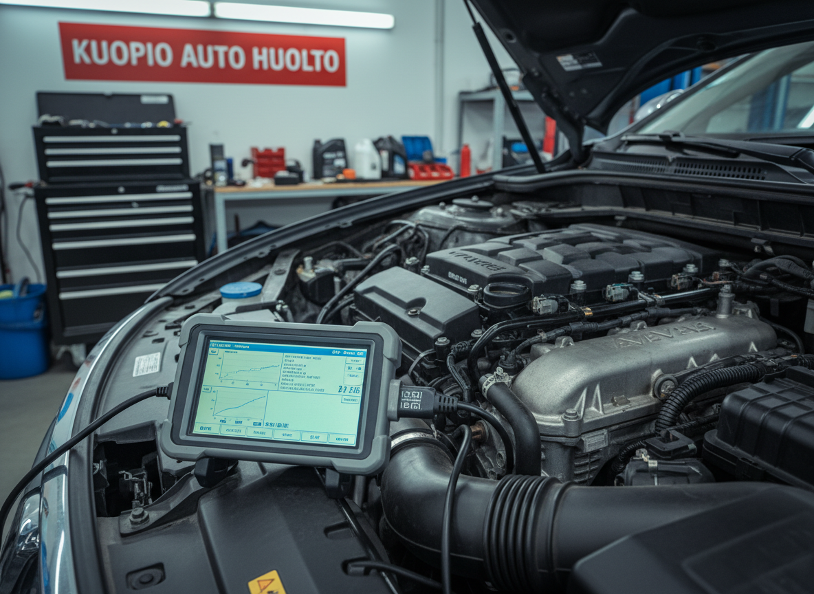 A close-up, highly detailed view of a car’s engine bay in diagnostic testing at a Kuopio auto repair shop, with a rugged, professional-grade OBD diagnostic device securely connected to the vehicle. The engine components, hoses, and metallic parts appear clean and well-maintained, with subtle traces of use for authenticity. The device screen glows gently with readable graphs and data, illuminated by soft, cool workshop lighting from above. The background shows blurred, neatly arranged tools and parts shelves. Shot with shallow depth of field, angled from above, in photographic realism, creating a focused, technical yet approachable mood that communicates expertise in diagnostics and fault finding.