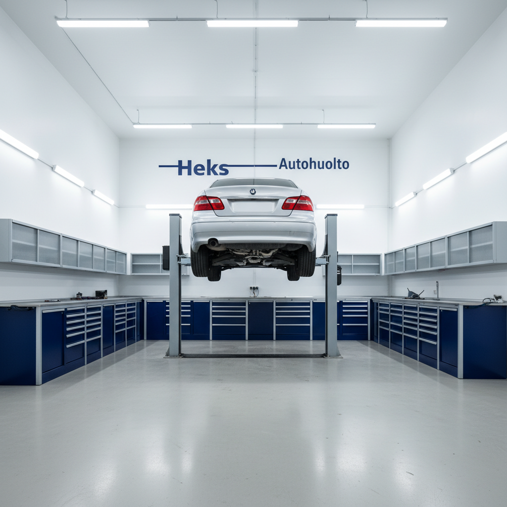 A spotless, modern auto repair bay in Kuopio featuring a metallic silver sedan lifted on a hydraulic car lift, underbody fully visible with clean, organized components. Surrounding the car, neatly arranged tool cabinets in dark blue and light gray stand against a pristine white wall with subtle branding reading “Heks Autohuolto.” The concrete floor is polished and free of oil stains. Cool, diffused overhead LED lighting illuminates every surface evenly, creating a professional, trustworthy atmosphere. Photographic realism, eye-level composition with sharp focus throughout, slightly wide-angle lens capturing the entire workspace, emphasizing order, cleanliness, and technical precision suitable for a professional automotive service website hero image.