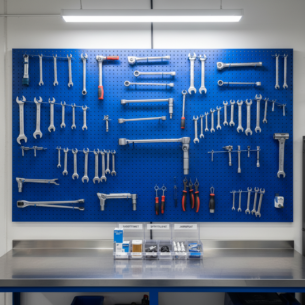 An organized wall of professional automotive tools specific to maintenance and repair in Kuopio, displayed on a perforated metal board painted in a deep blue matching Heks Autohuolto branding. Wrenches, torque tools, diagnostic connectors, and specialized sockets are neatly outlined and hung with precision, each tool clean and subtly used. Below, a stainless-steel workbench holds a labeled parts tray with clean filters, spark plugs, and brake pads ready for installation. Even, bright workshop lighting from overhead ensures every detail is visible. Photographic realism, straight-on composition with sharp focus, minimal background distractions, creating an atmosphere of competence, preparedness, and meticulous organization.