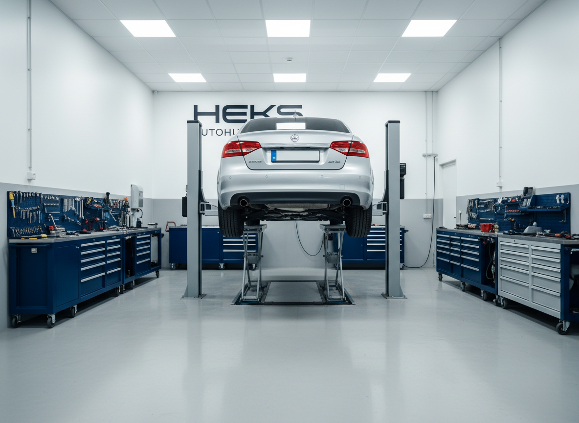 A spotless, modern auto repair bay in Kuopio featuring a metallic silver sedan lifted on a hydraulic car lift, underbody fully visible with clean, organized components. Surrounding the car, neatly arranged tool cabinets in dark blue and light gray stand against a pristine white wall with subtle branding reading “Heks Autohuolto.” The concrete floor is polished and free of oil stains. Cool, diffused overhead LED lighting illuminates every surface evenly, creating a professional, trustworthy atmosphere. Photographic realism, eye-level composition with sharp focus throughout, slightly wide-angle lens capturing the entire workspace, emphasizing order, cleanliness, and technical precision suitable for a professional automotive service website hero image.
