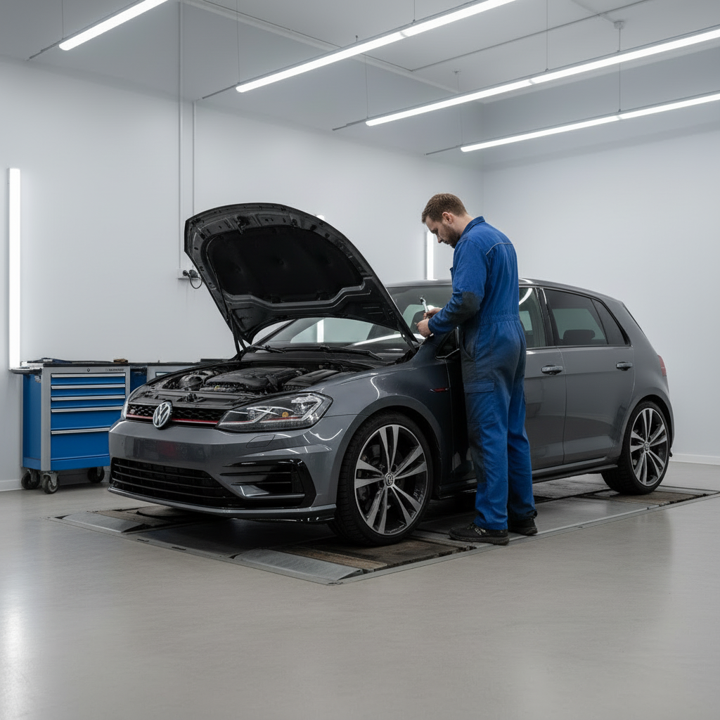 General auto repair and maintenance scene in a modern, clean Kuopio workshop. A neutral-colored car is parked on a flat service bay (no wheel alignment platform or alignment equipment visible). A mechanic in clean workwear is checking under the hood or working near the engine bay using standard hand tools, with organized blue and gray tool cabinets in the background. No obvious branding or logos, no alignment sensors, computers, or alignment racks. Bright, even LED lighting, photographic realism, trustworthy and professional mood for an auto service website gallery image.